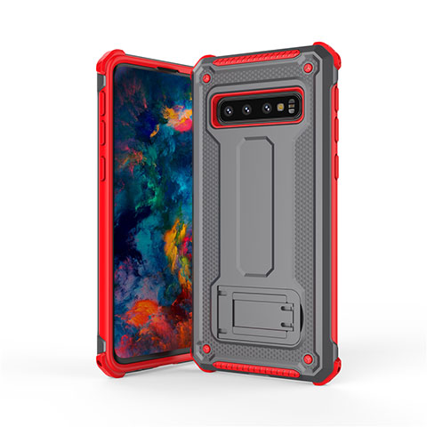 Silikon Hülle Handyhülle und Kunststoff Schutzhülle Tasche mit Ständer T01 für Samsung Galaxy S10 Dunkelgrau