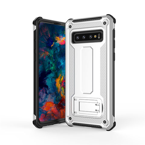 Silikon Hülle Handyhülle und Kunststoff Schutzhülle Tasche mit Ständer T01 für Samsung Galaxy S10 Silber