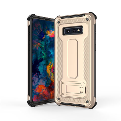 Silikon Hülle Handyhülle und Kunststoff Schutzhülle Tasche mit Ständer T01 für Samsung Galaxy S10e Gold und Schwarz