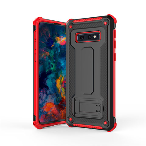 Silikon Hülle Handyhülle und Kunststoff Schutzhülle Tasche mit Ständer T01 für Samsung Galaxy S10e Rot und Schwarz