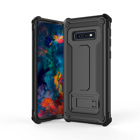 Silikon Hülle Handyhülle und Kunststoff Schutzhülle Tasche mit Ständer T01 für Samsung Galaxy S10e Schwarz