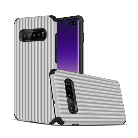 Silikon Hülle Handyhülle und Kunststoff Schutzhülle Tasche U01 für Samsung Galaxy S10 Plus Silber