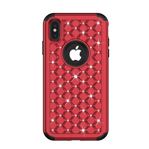 Silikon Hülle Handyhülle und Kunststoff Schutzhülle Tasche Vorder und Rückseite 360 Grad Bling-Bling für Apple iPhone X Rot