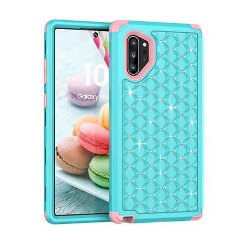 Silikon Hülle Handyhülle und Kunststoff Schutzhülle Tasche Vorder und Rückseite 360 Grad Bling-Bling U01 für Samsung Galaxy Note 10 Plus 5G Cyan