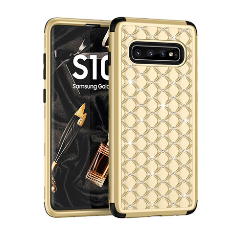 Silikon Hülle Handyhülle und Kunststoff Schutzhülle Tasche Vorder und Rückseite 360 Grad Bling-Bling U01 für Samsung Galaxy S10 Gold und Schwarz