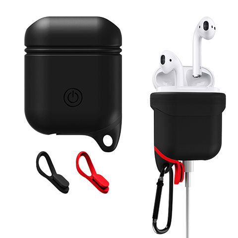 Silikon Hülle Schutzhülle Skin mit Karabiner für AirPods Ladekoffer A02 Schwarz