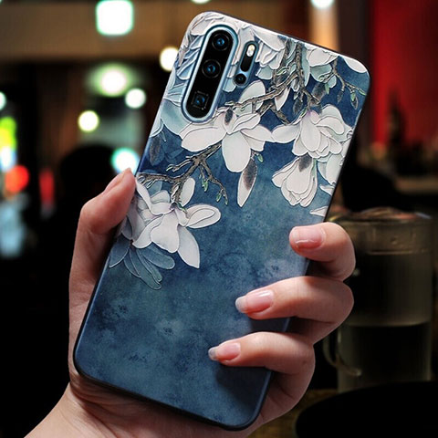 Silikon Schutzhülle Gummi Tasche Blumen für Huawei P30 Pro New Edition Blau