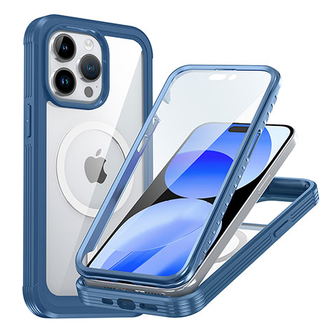 Silikon Schutzhülle Rahmen Tasche Hülle Durchsichtig Transparent 360 Grad Ganzkörper mit Mag-Safe Magnetic Magnetisch AC1 für Apple iPhone 13 Pro Max Blau