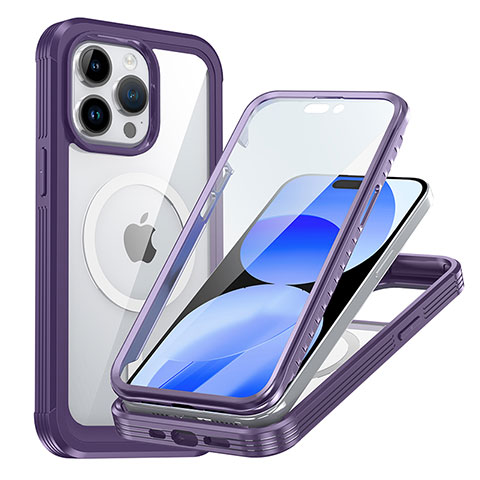 Silikon Schutzhülle Rahmen Tasche Hülle Durchsichtig Transparent 360 Grad Ganzkörper mit Mag-Safe Magnetic Magnetisch AC1 für Apple iPhone 15 Pro Max Violett