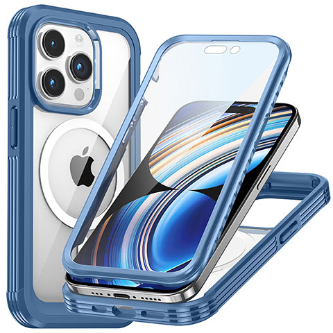 Silikon Schutzhülle Rahmen Tasche Hülle Durchsichtig Transparent 360 Grad Ganzkörper mit Mag-Safe Magnetic Magnetisch T01 für Apple iPhone 15 Pro Blau