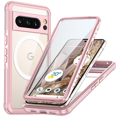 Silikon Schutzhülle Rahmen Tasche Hülle Durchsichtig Transparent 360 Grad Ganzkörper mit Mag-Safe Magnetic Magnetisch T01 für Google Pixel 8 Pro 5G Rosa