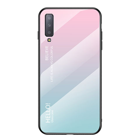 Silikon Schutzhülle Rahmen Tasche Hülle Spiegel Farbverlauf Regenbogen für Samsung Galaxy A7 (2018) A750 Cyan