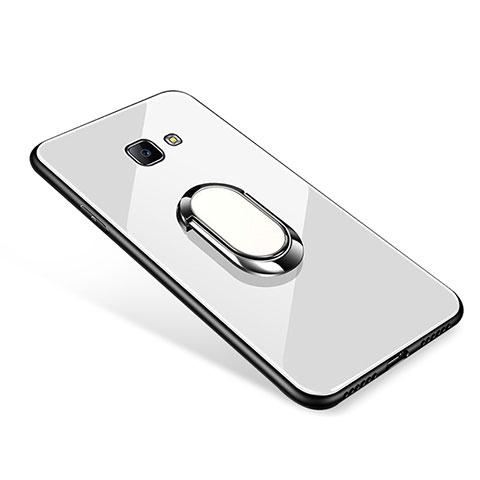 Silikon Schutzhülle Rahmen Tasche Hülle Spiegel mit Fingerring Ständer für Samsung Galaxy J7 Prime Weiß