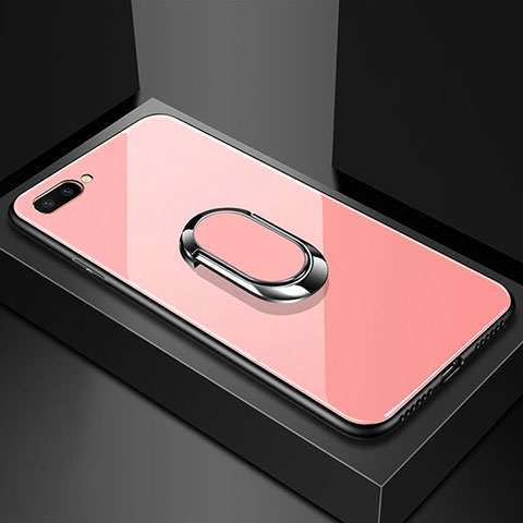 Silikon Schutzhülle Rahmen Tasche Hülle Spiegel mit Magnetisch Fingerring Ständer A01 für Oppo A12e Rosa