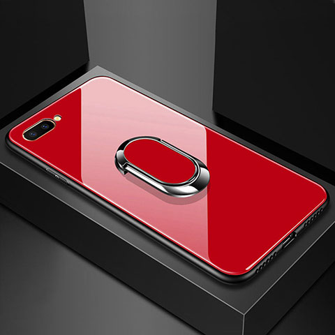 Silikon Schutzhülle Rahmen Tasche Hülle Spiegel mit Magnetisch Fingerring Ständer A01 für Oppo A12e Rot
