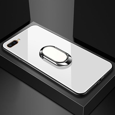 Silikon Schutzhülle Rahmen Tasche Hülle Spiegel mit Magnetisch Fingerring Ständer A01 für Oppo A5 Weiß