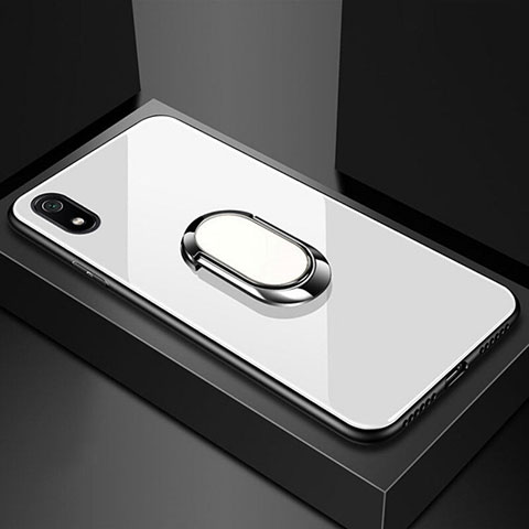 Silikon Schutzhülle Rahmen Tasche Hülle Spiegel mit Magnetisch Fingerring Ständer A01 für Xiaomi Redmi 7A Weiß