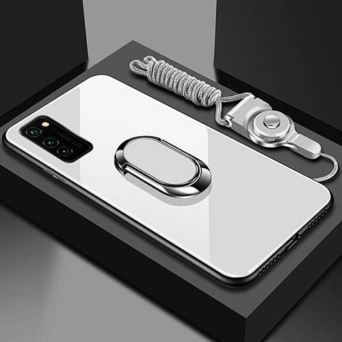 Silikon Schutzhülle Rahmen Tasche Hülle Spiegel mit Magnetisch Fingerring Ständer für Huawei Honor V30 Pro 5G Weiß