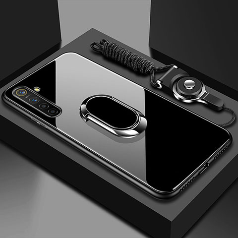 Silikon Schutzhülle Rahmen Tasche Hülle Spiegel mit Magnetisch Fingerring Ständer für Realme X2 Schwarz