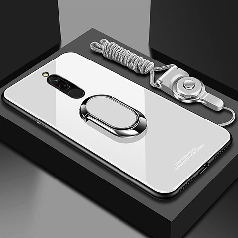 Silikon Schutzhülle Rahmen Tasche Hülle Spiegel mit Magnetisch Fingerring Ständer für Xiaomi Redmi 8 Weiß