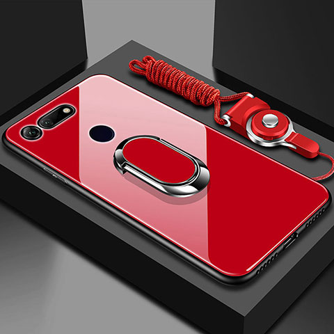 Silikon Schutzhülle Rahmen Tasche Hülle Spiegel mit Magnetisch Fingerring Ständer T01 für Huawei Honor V20 Rot