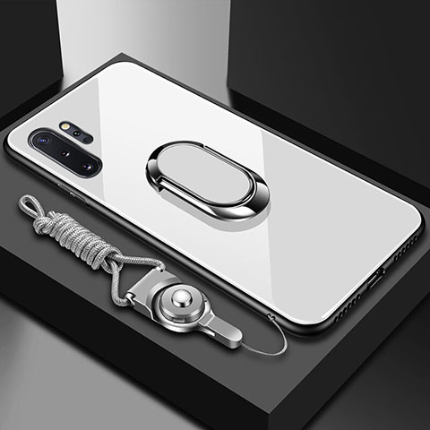 Silikon Schutzhülle Rahmen Tasche Hülle Spiegel mit Magnetisch Fingerring Ständer T01 für Samsung Galaxy Note 10 Plus Weiß