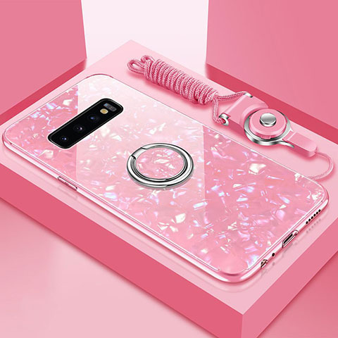 Silikon Schutzhülle Rahmen Tasche Hülle Spiegel mit Magnetisch Fingerring Ständer T01 für Samsung Galaxy S10 Rosa