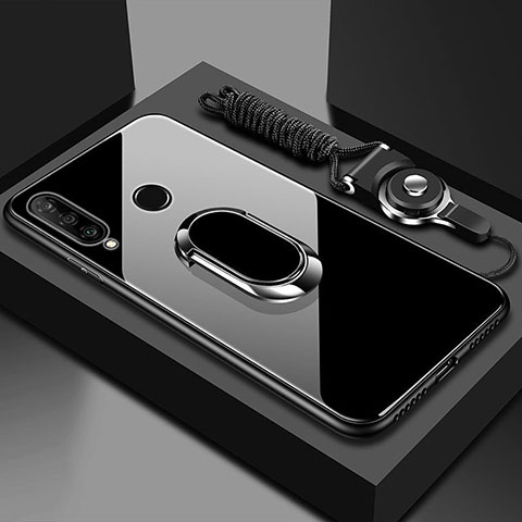 Silikon Schutzhülle Rahmen Tasche Hülle Spiegel mit Magnetisch Fingerring Ständer T02 für Huawei Honor 20E Schwarz