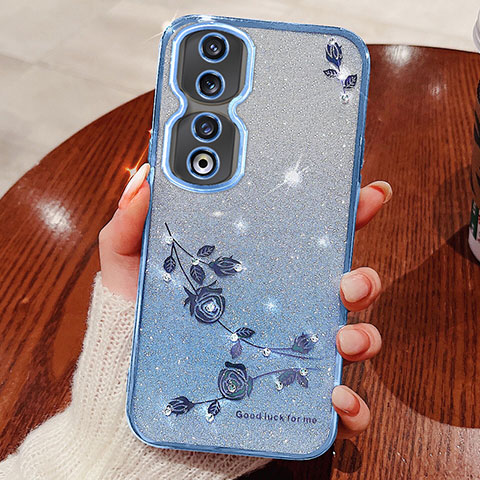 Silikon Schutzhülle Ultra Dünn Tasche Durchsichtig Transparent Blumen für Huawei Honor 90 5G Blau