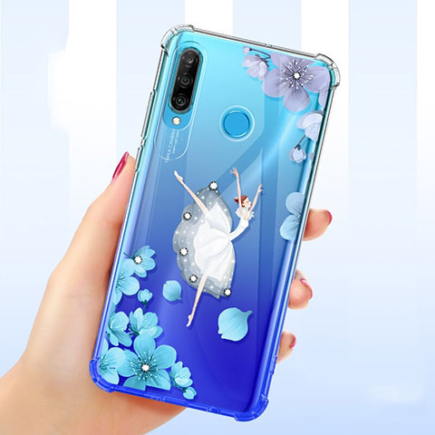 Silikon Schutzhülle Ultra Dünn Tasche Durchsichtig Transparent Blumen für Huawei Nova 4e Blau