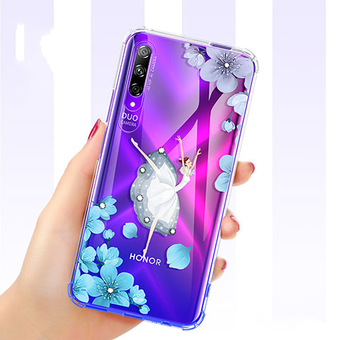 Silikon Schutzhülle Ultra Dünn Tasche Durchsichtig Transparent Blumen für Huawei P Smart Pro (2019) Blau