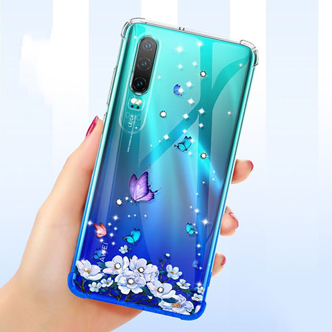 Silikon Schutzhülle Ultra Dünn Tasche Durchsichtig Transparent Blumen für Huawei P30 Violett