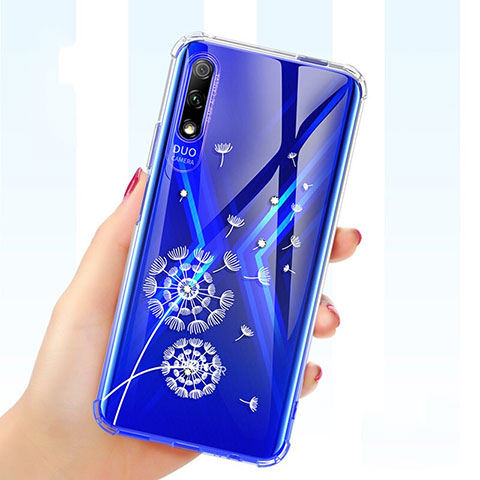 Silikon Schutzhülle Ultra Dünn Tasche Durchsichtig Transparent Blumen für Huawei Y9 Prime (2019) Blau