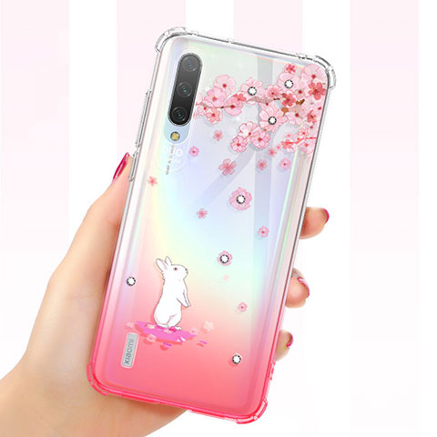 Silikon Schutzhülle Ultra Dünn Tasche Durchsichtig Transparent Blumen für Xiaomi Mi A3 Rosa