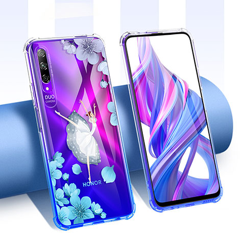 Silikon Schutzhülle Ultra Dünn Tasche Durchsichtig Transparent Blumen T01 für Huawei Honor 9X Pro Blau