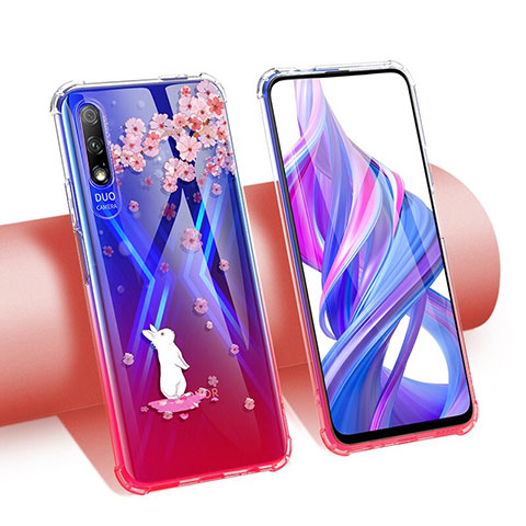 Silikon Schutzhülle Ultra Dünn Tasche Durchsichtig Transparent Blumen T01 für Huawei Honor 9X Rot