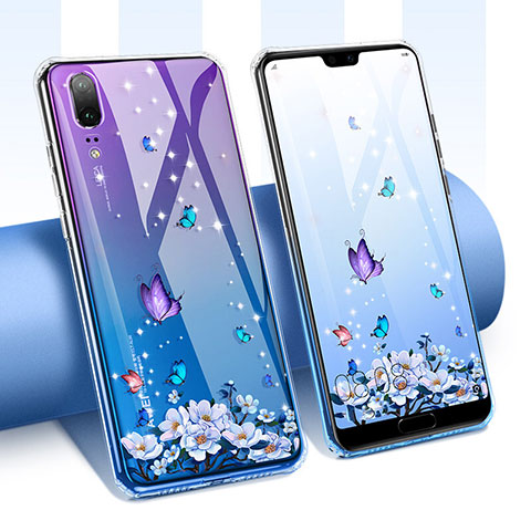 Silikon Schutzhülle Ultra Dünn Tasche Durchsichtig Transparent Blumen T01 für Huawei P20 Violett