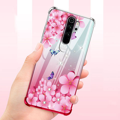 Silikon Schutzhülle Ultra Dünn Tasche Durchsichtig Transparent Blumen T01 für Xiaomi Redmi Note 8 Pro Pink