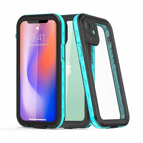 Wasserdicht Unterwasser Silikon Hülle Handyhülle und Kunststoff Waterproof Schutzhülle 360 Grad Ganzkörper Tasche für Apple iPhone 12 Cyan