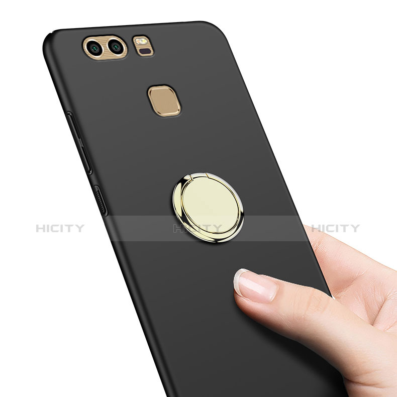 Handyhülle Hülle Kunststoff Schutzhülle Matt mit Fingerring Ständer A02 für Huawei P9 Plus Schwarz