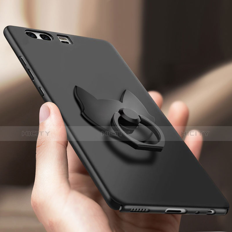 Handyhülle Hülle Kunststoff Schutzhülle Matt mit Fingerring Ständer A04 für Huawei P10 Schwarz