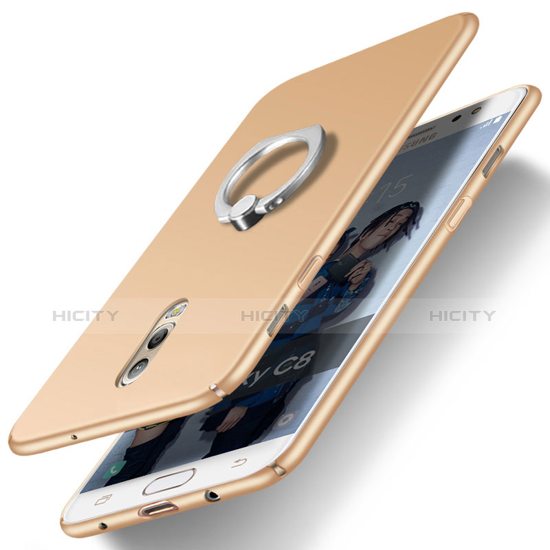 Handyhülle Hülle Kunststoff Schutzhülle Matt mit Fingerring Ständer für Samsung Galaxy C7 (2017) Gold Plus