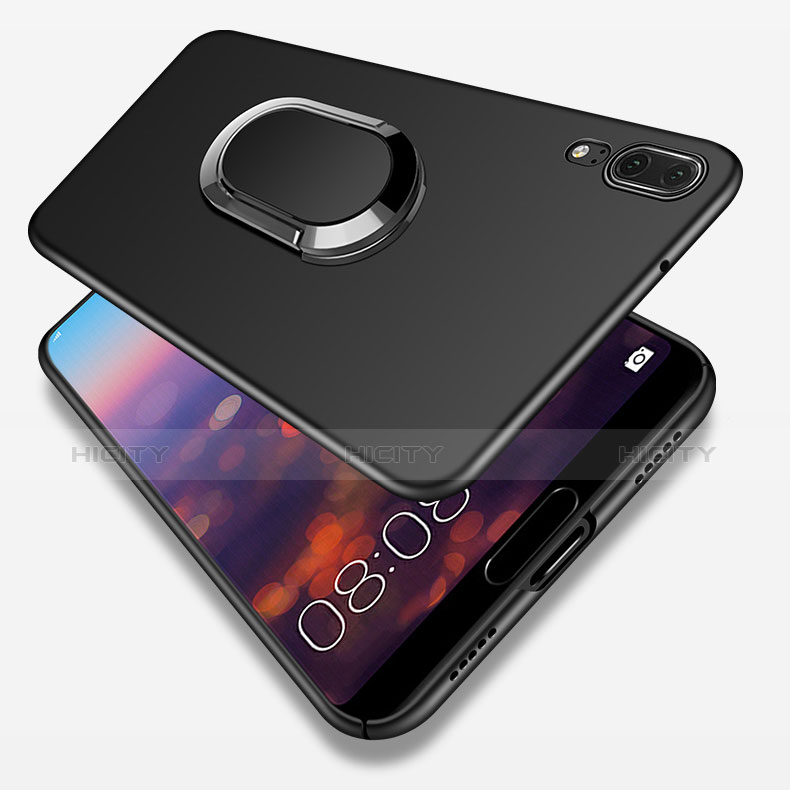 Handyhülle Hülle Kunststoff Schutzhülle Matt mit Fingerring Ständer und Lanyard für Huawei P20 Schwarz