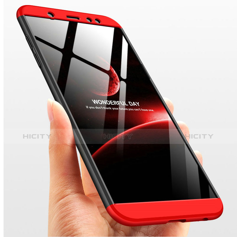 Handyhülle Hülle Kunststoff Schutzhülle Matt Vorder und Rückseite 360 Grad mit Fingerring Ständer Q01 für Samsung Galaxy A9 Star Lite Rot und Schwarz