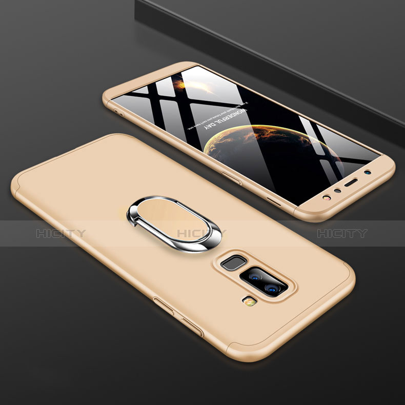 Handyhülle Hülle Kunststoff Schutzhülle Tasche Matt Vorder und Rückseite 360 Grad mit Fingerring Ständer für Samsung Galaxy A6 Plus (2018) Gold