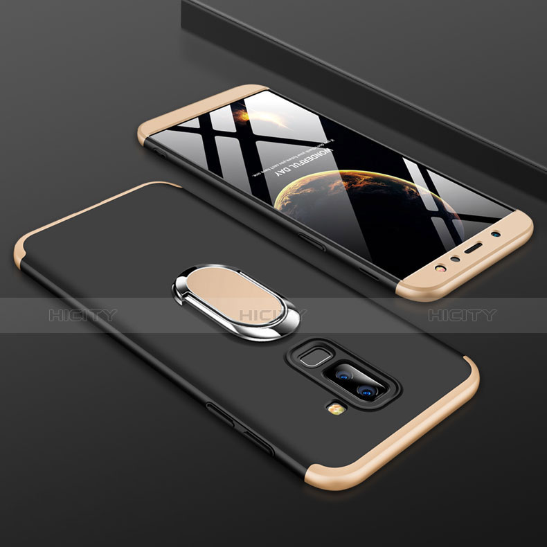 Handyhülle Hülle Kunststoff Schutzhülle Tasche Matt Vorder und Rückseite 360 Grad mit Fingerring Ständer für Samsung Galaxy A6 Plus (2018) Gold und Schwarz Plus