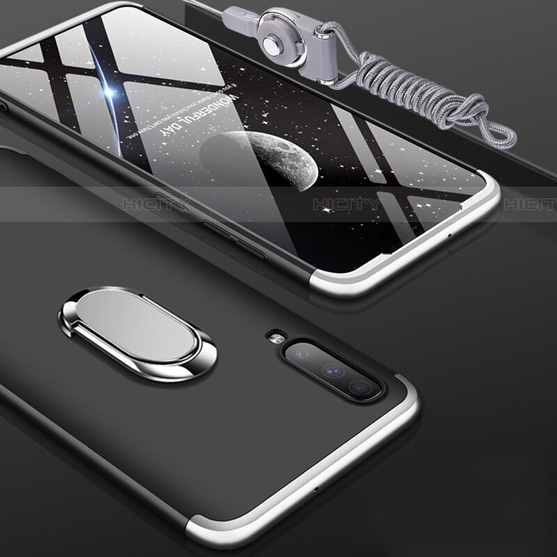 Handyhülle Hülle Kunststoff Schutzhülle Tasche Matt Vorder und Rückseite 360 Grad mit Fingerring Ständer für Samsung Galaxy A70 Silber und Schwarz