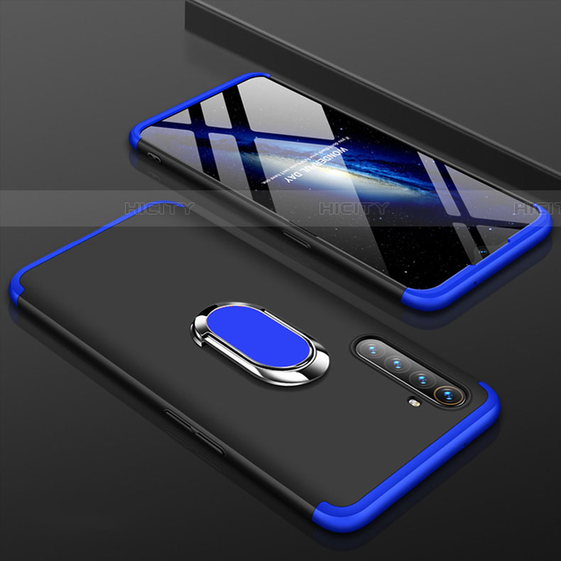 Handyhülle Hülle Kunststoff Schutzhülle Tasche Matt Vorder und Rückseite 360 Grad mit Fingerring Ständer R01 für Realme XT Blau und Schwarz Plus