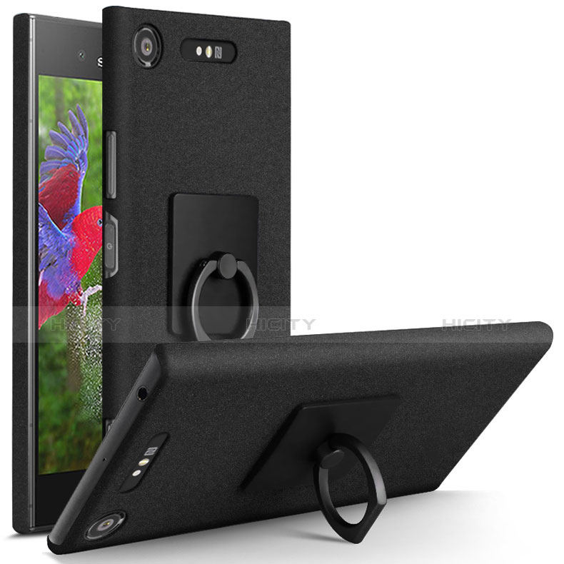 Handyhülle Hülle Kunststoff Schutzhülle Treibsand mit Fingerring Ständer für Sony Xperia XZ1 Schwarz