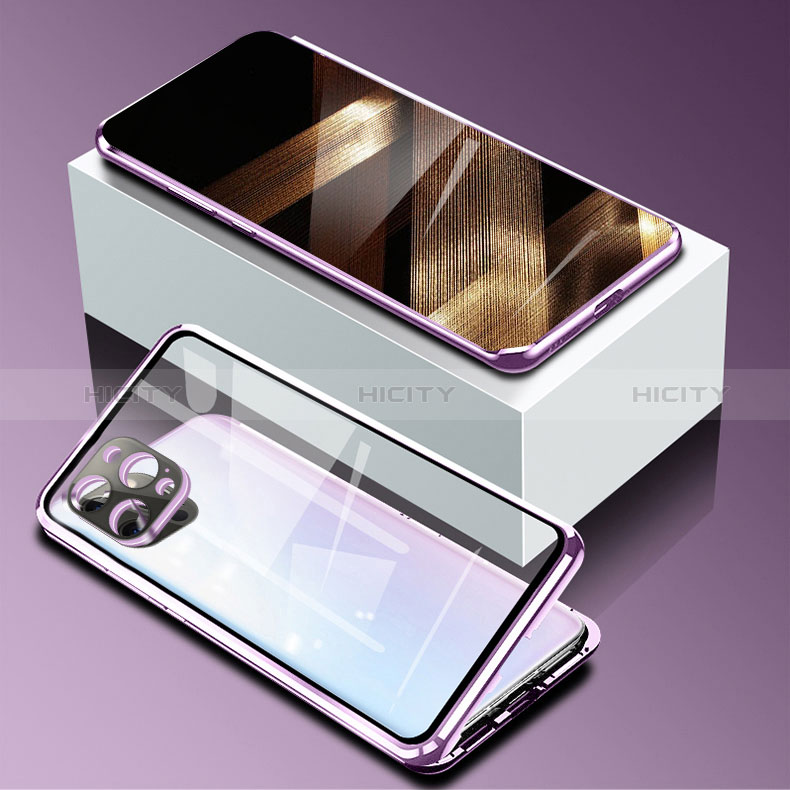 Handyhülle Hülle Luxus Aluminium Metall Rahmen Spiegel 360 Grad Ganzkörper Tasche für Apple iPhone 14 Pro Violett Plus